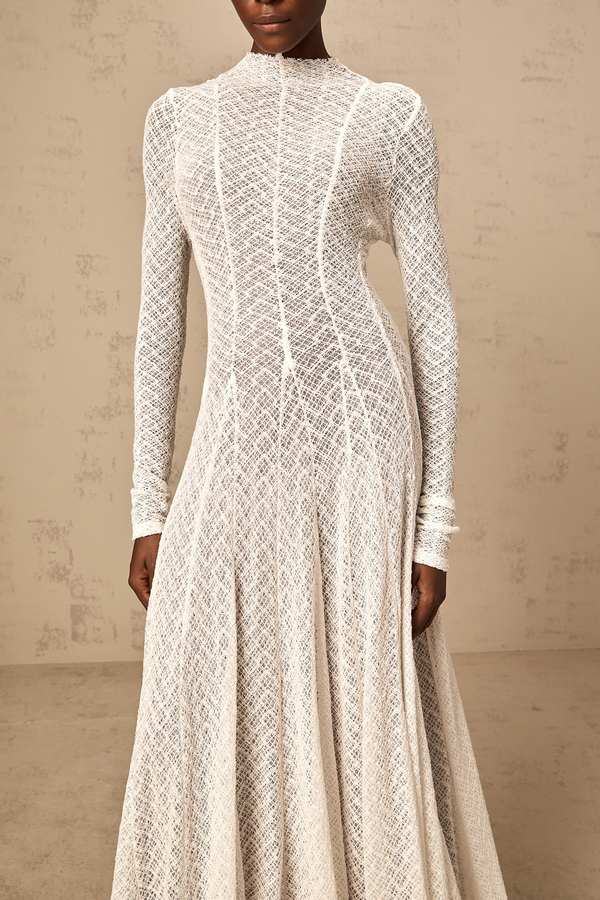Athena wavy-pattern lace maxi dress in White
