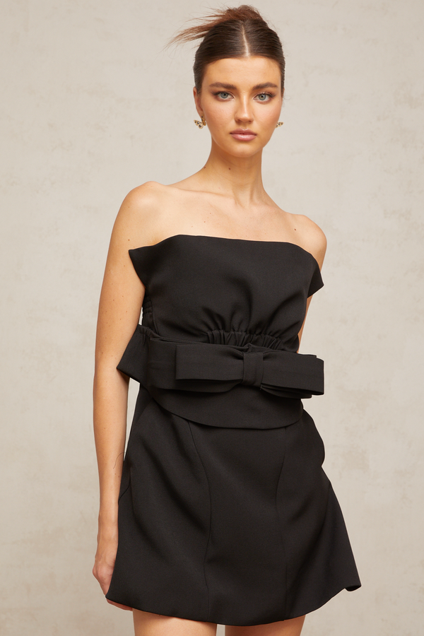 Caribe black bowknot off-shoulder mini dress