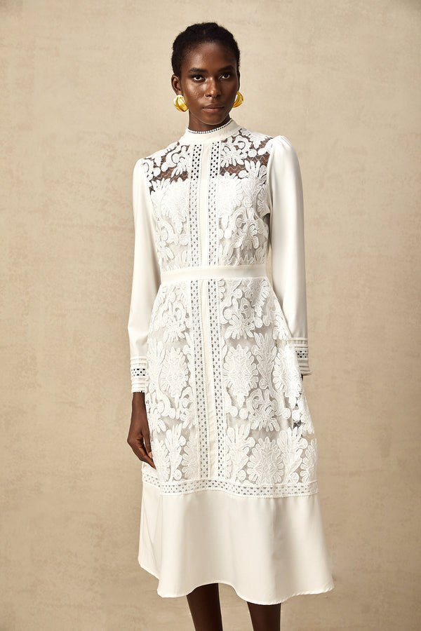 Madeleine white panelled embroidered midi dress