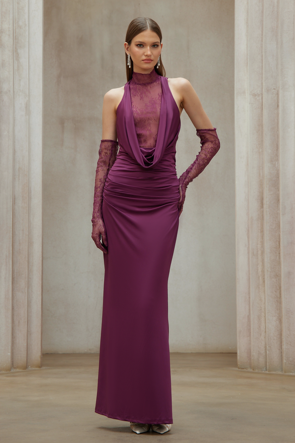 Borbála Magenta Lace Bodice Ruched Maxi Dress