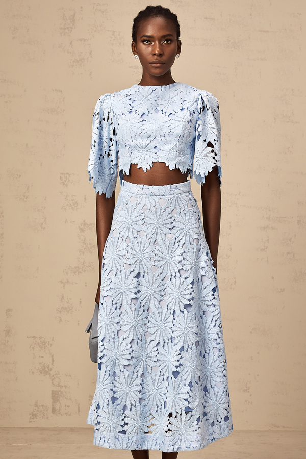 Audrey blue guipure-lace top & skirt matching set