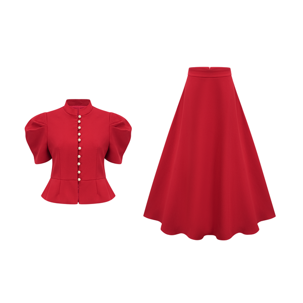 Colette red pleated blouse & skirt matching set