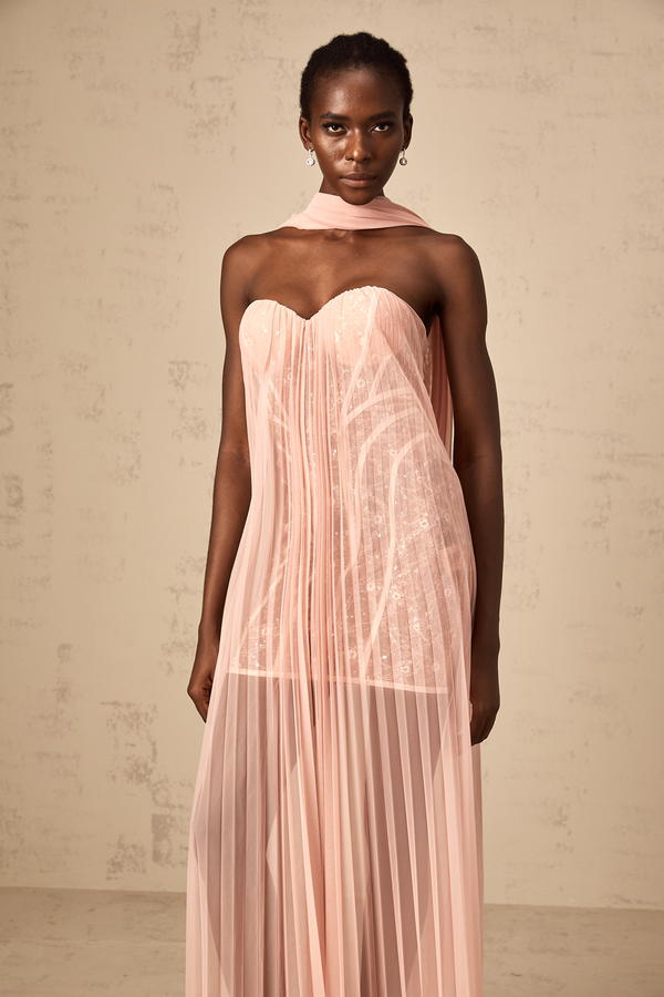 Monique ribbon-design pleated tulle maxi dress in Pink