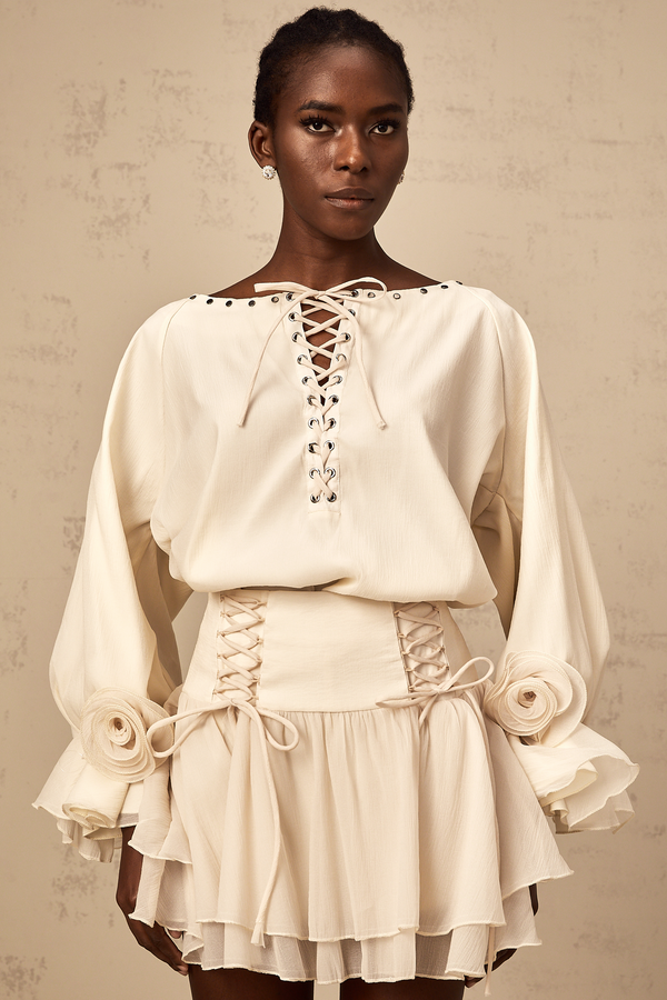 Perrine self-tie ruffled blouse & skirt matching set (US Only)