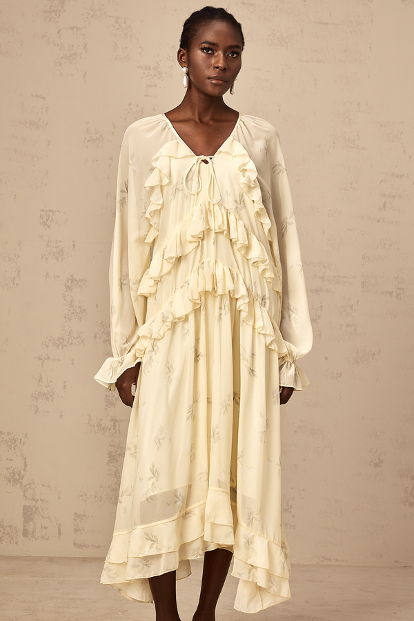 Oriane yellow floral-print ruffled chiffon midi dress (US Only)