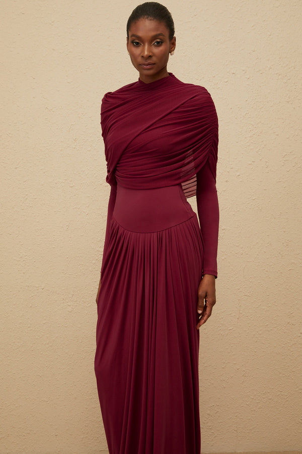 Catherine Red Asymmetrical Pleated Long-Sleeve Maxi Dress