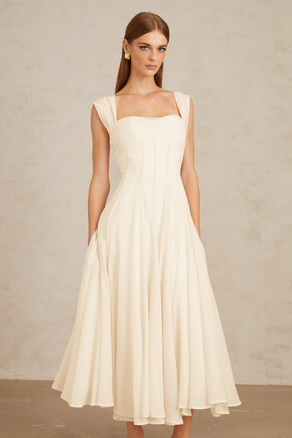 Érasme Cream White Flounced Midi dress