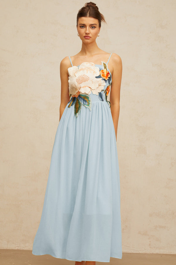 Josette floral-embroidered shirred maxi dress in Blue