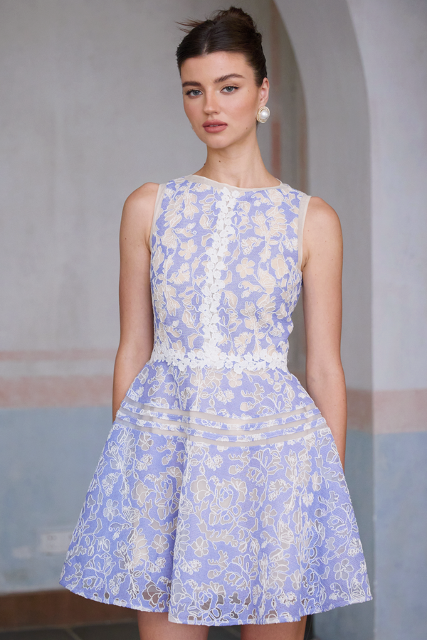 Brigitte Blue Crochet Lace Puff Sleeve Mini Dress