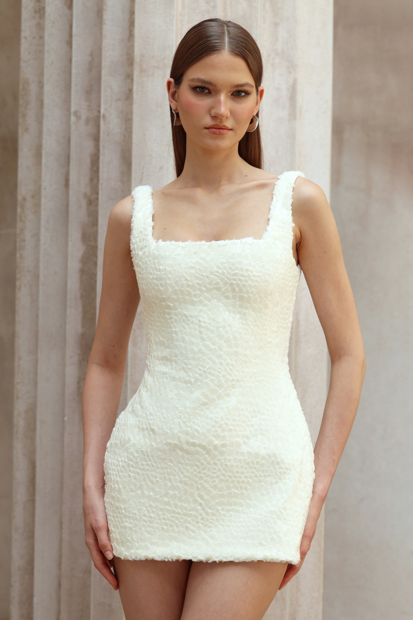 Angèle White Furry Snake Mini Bodycon Dress