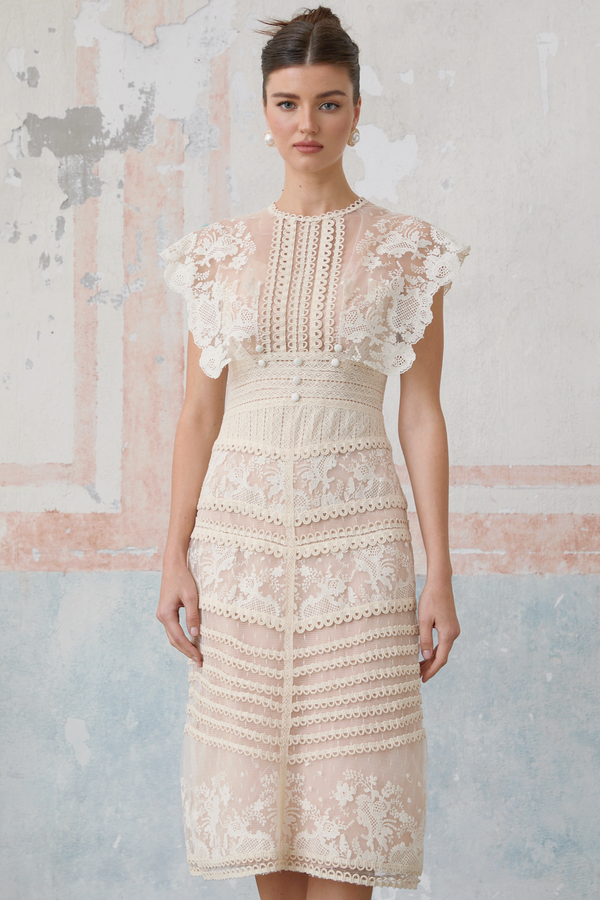 Fleur floral-embroidered lace midi dress in Neutrals