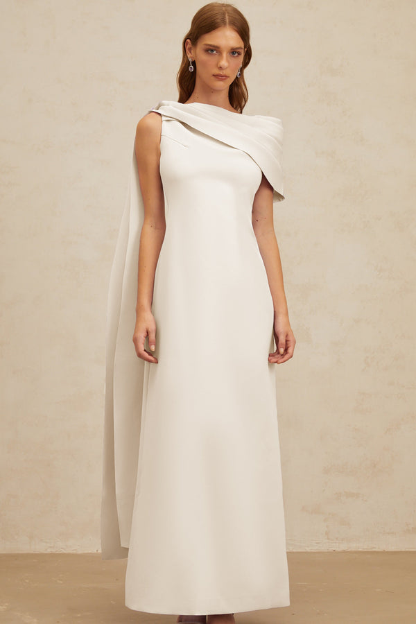Annabelle White Cape-Design Ribbon Maxi Dress