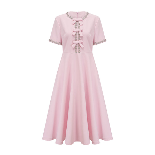 Cassiopeia crystal-accented pink bow midi dress