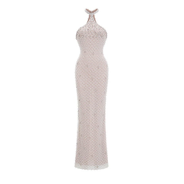 Claudine white embellished halterneck maxi dress