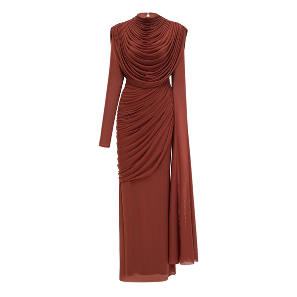 Danaé brown shirred-effect draped maxi dress