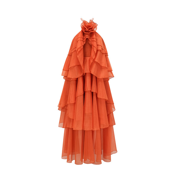 Carrie orange halterneck flounced maxi dress