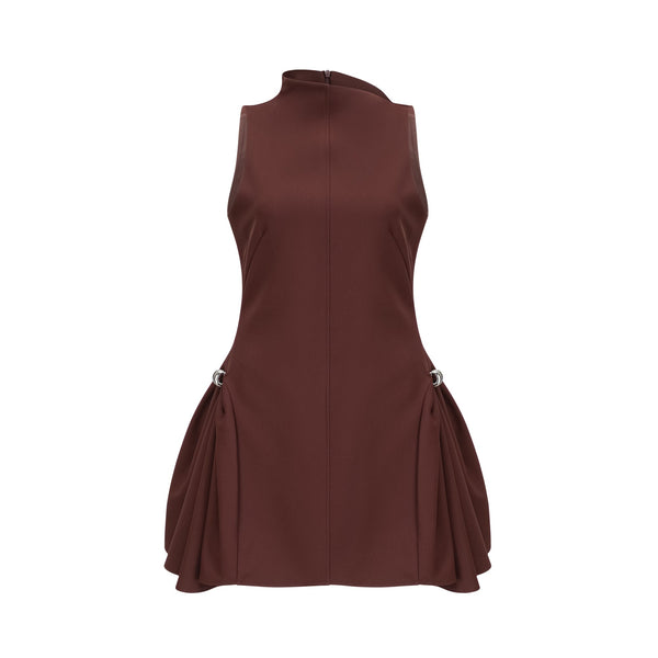Dora brown asymmetrical-neck puff mini dress