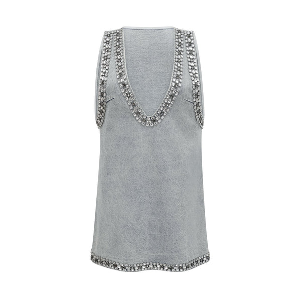 Daphné blue crystal sleeveless denim mini dress