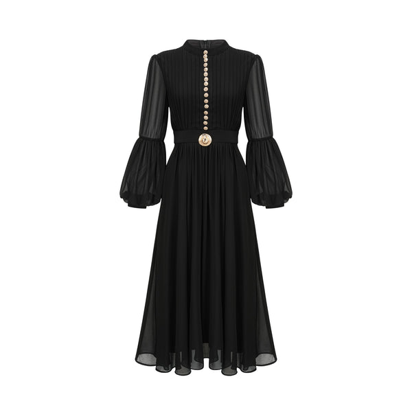 Viviane black pleated button-front midi dress