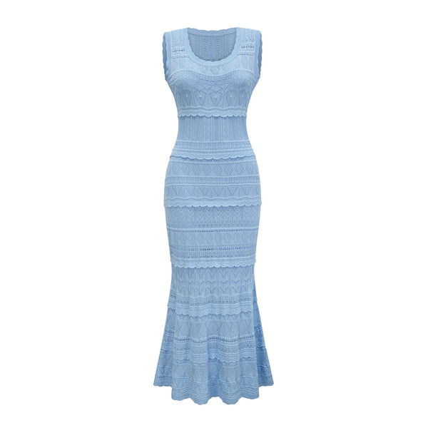 Mailys blue ruffled-trim crochet-knit midi dress (US Only)