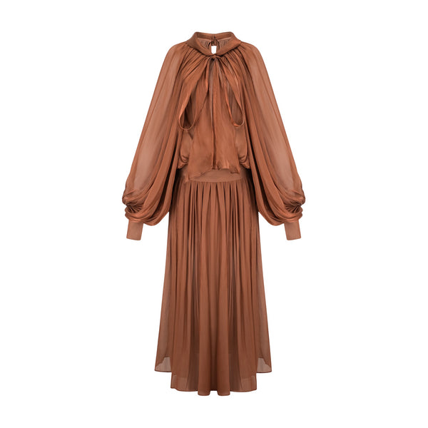 Mila Brown Pleated Satin Maxi Dress