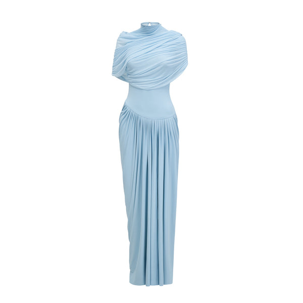 Catherine asymmetrical pleated maxi dress in Baby-blue