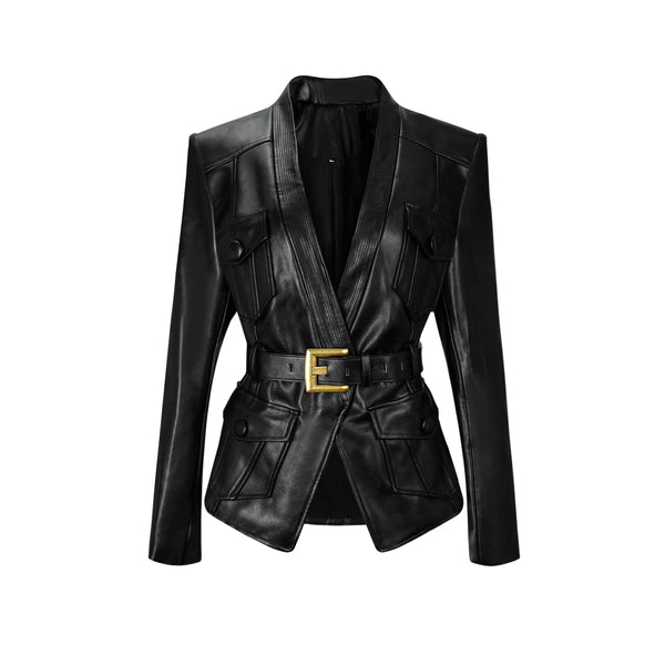 Isabel Black Belted Faux Leather Jacket