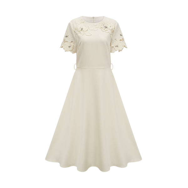 Orane neutrals floral-appliqué flared midi dress