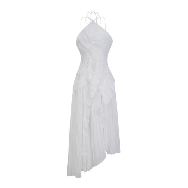 Doux White Ruffled Trim Pleated Midi Dress