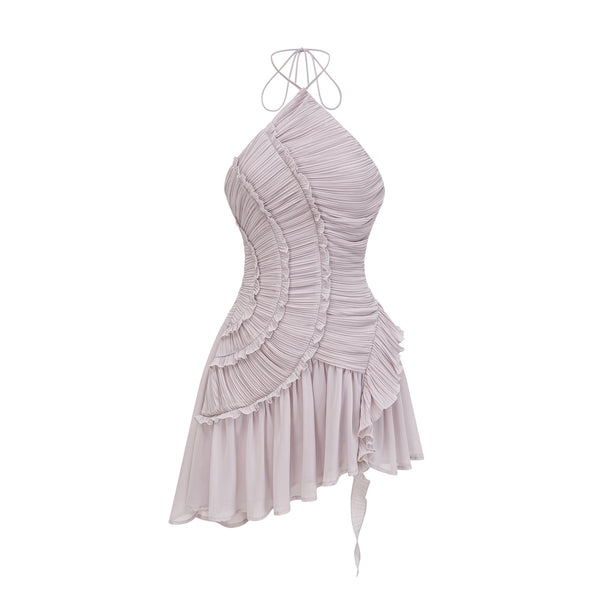 Doux Purple Ruffled Trim Pleated Mini Dress