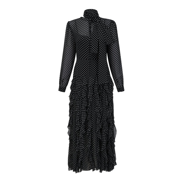Coraline black polka-dot ruffled midi dress