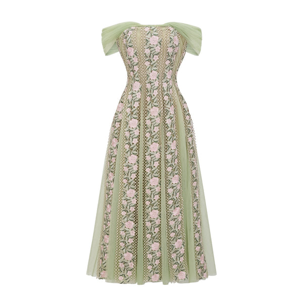 Eleni Green Tulle Panel Floral Midi Dress