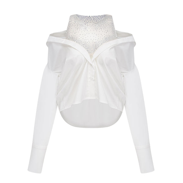 Fernande White Rhinestone Mesh Panel Shirt