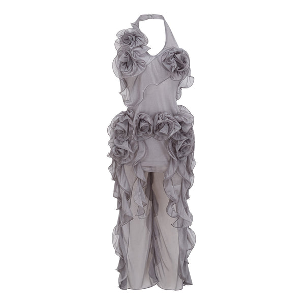 Hannabella Grey Asymmetrical Ruffled Floral Mini Dress