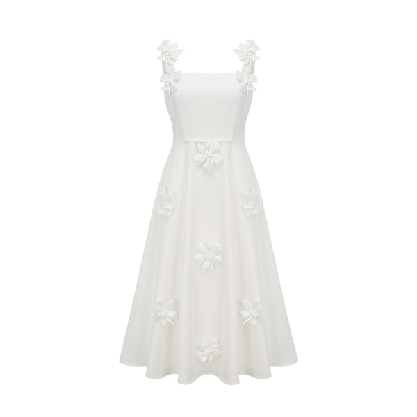 Ariane white faux-flower square-neck midi dress
