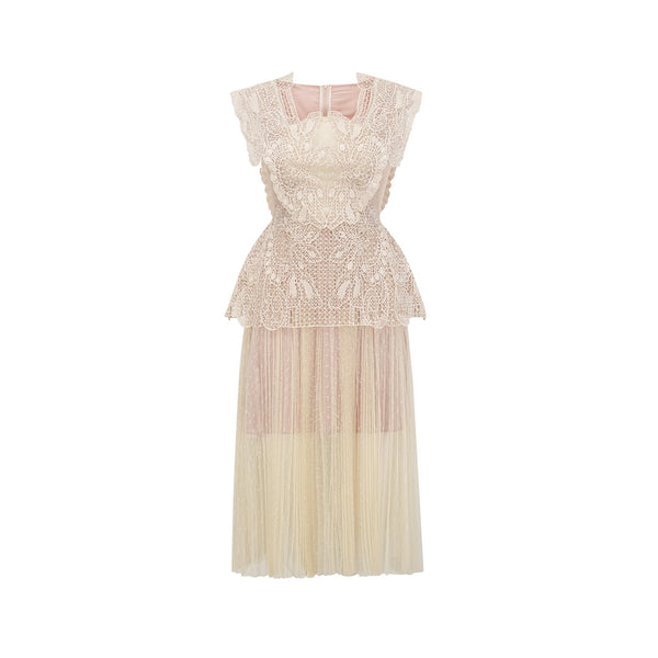 Céleste floral-lace-panelling tulle midi dress in Neutrals