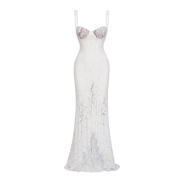 Abbie White Floral Lace Bustier Maxi Dress