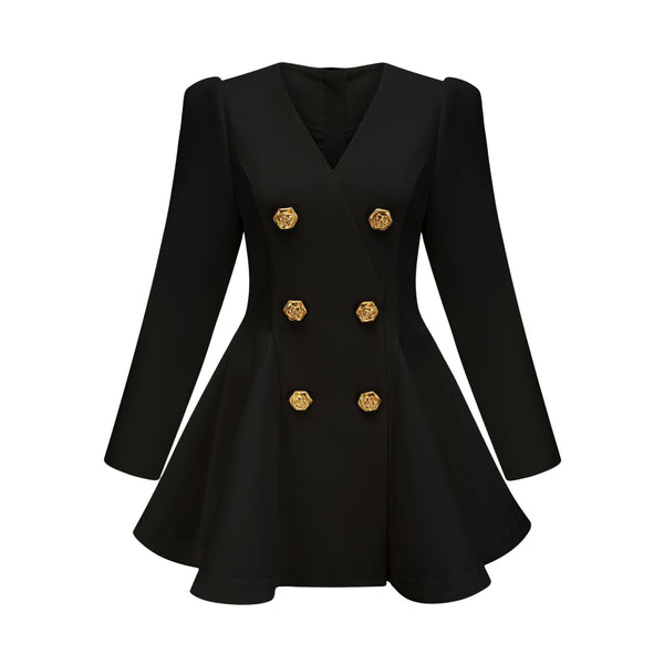 Élise pleated peplum-hem blazer dress in Black