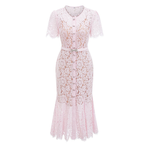 Sabine Pink Floral Lace Mermaid Midi Dress