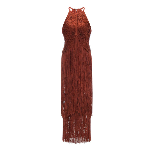 Mélisande Rusty Red Halterneck Fringed Maxi Gown