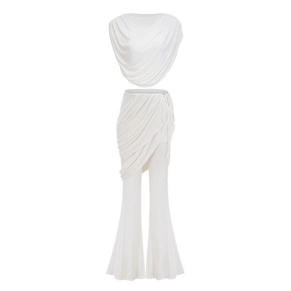 Dulcie White Asymmetrical Ruched Matching Set