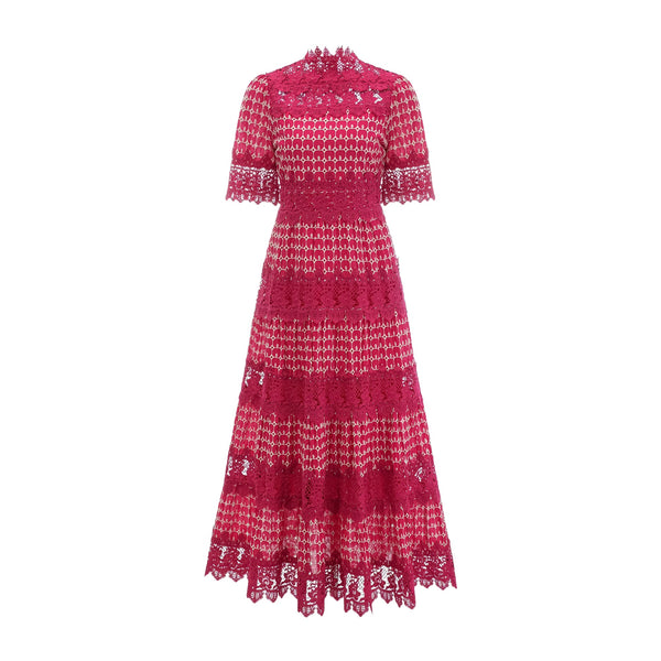 Chantal red scallop-pattern lace-panel maxi dress