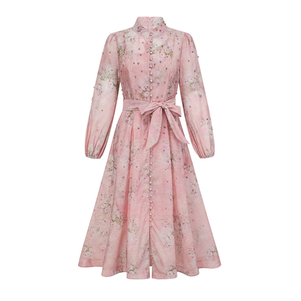 Narcisse pink embellished floral-print midi dress