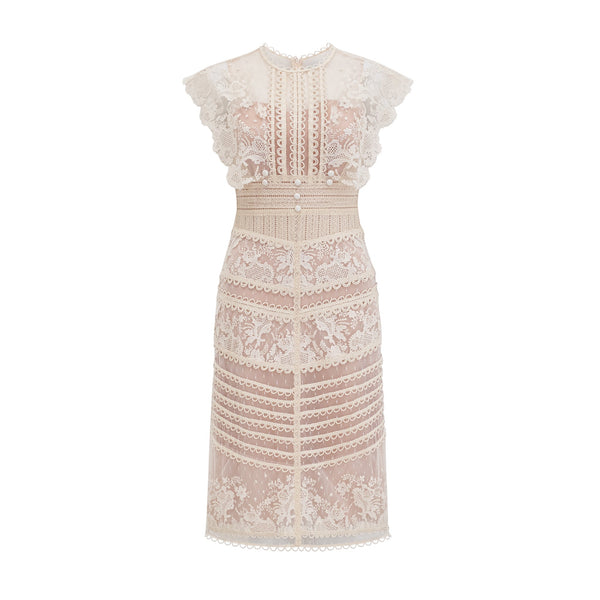 Fleur floral-embroidered lace midi dress in Neutrals
