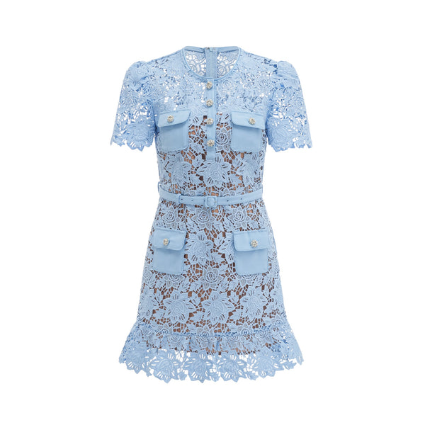Ariane blue floral-appliqué ruffled lace mini dress