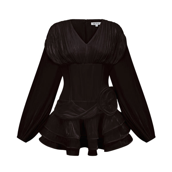 Rosier Black Fully Pleated Cinched Mini Dress