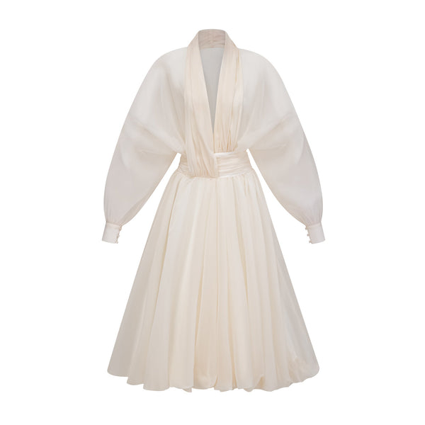 Riley Cream White Draped Tulle Maxi Dress