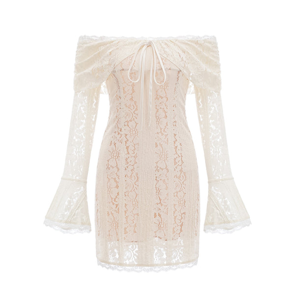 Émeline floral lace flared-cuff mini dress in Neutrals