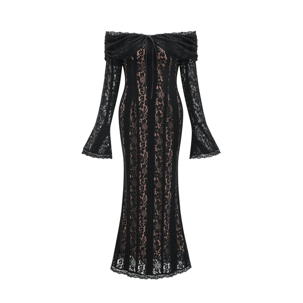Émeline floral lace flared-cuff midi dress in Black
