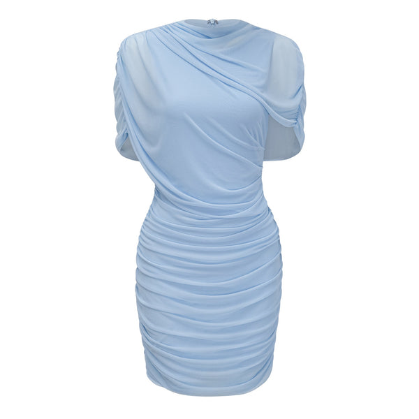 Sylphe Baby-Blue Asymmetrical Pleated Sleeveless Mini Dress